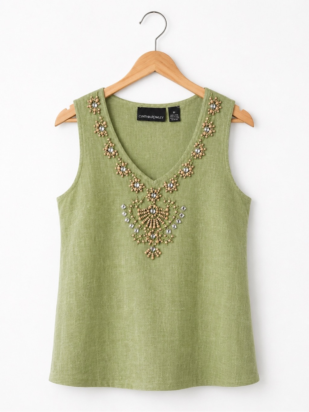 Cynthia Rowley Olive Green Beaded V-Neck Tank